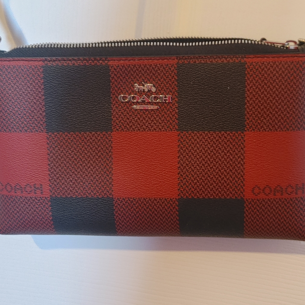 Coach Red & Black Buffalo Plaid Top-Zip Crossbody bag
